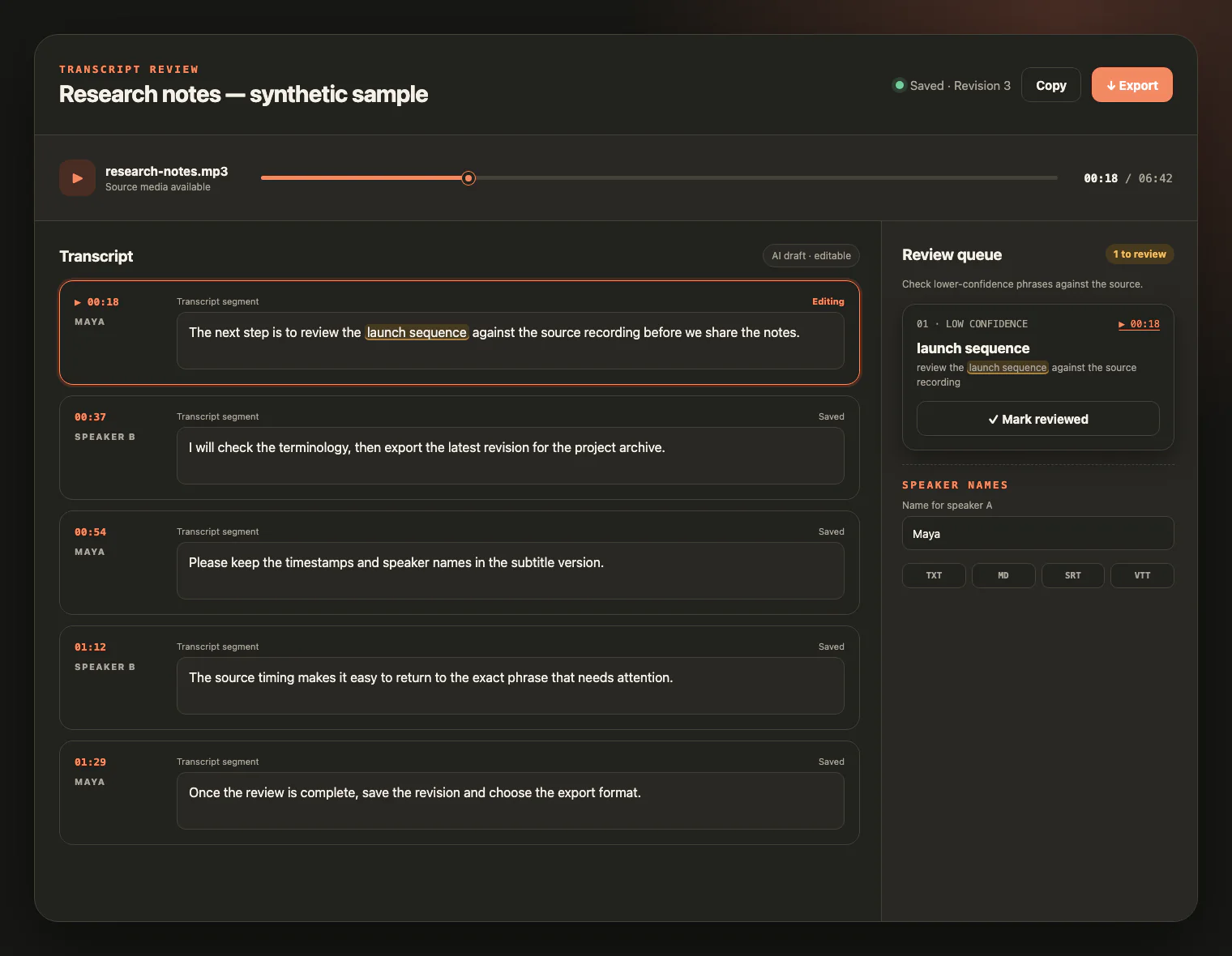 Transcript review workspace with meeting source playback, timestamps, uncertain phrases, and editable speaker labels