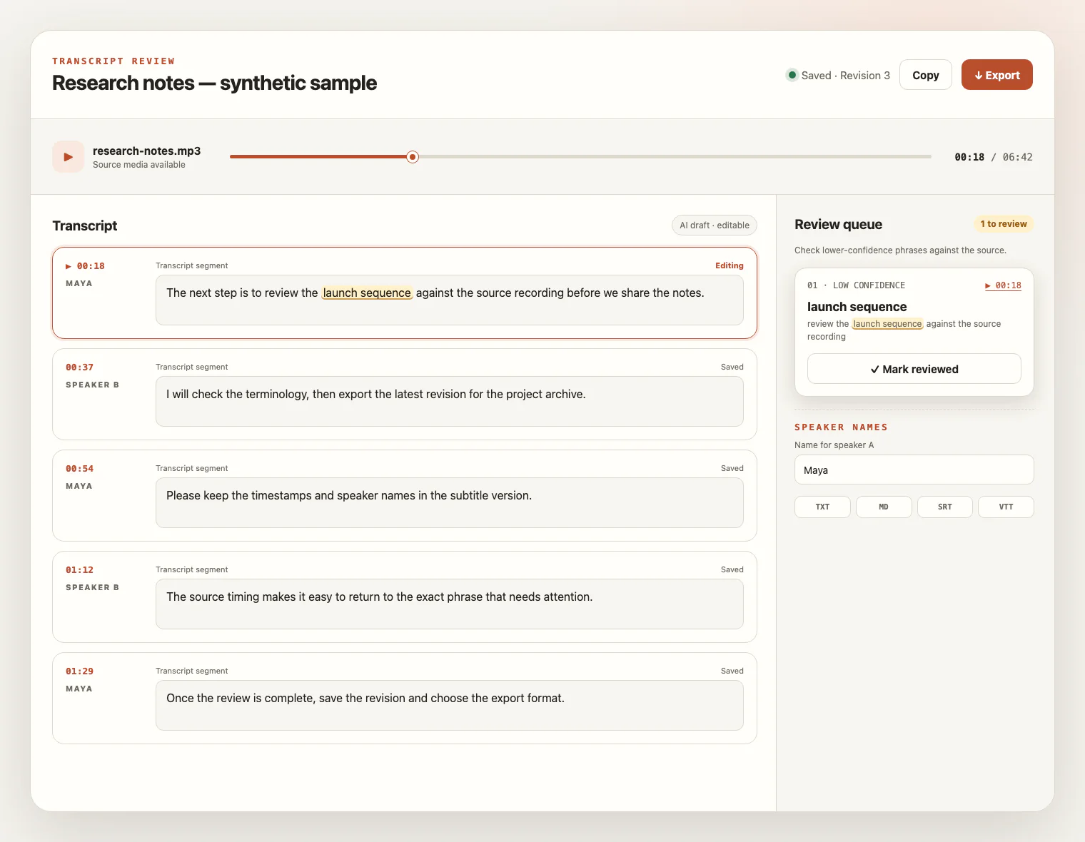 Transcript review workspace with meeting source playback, timestamps, uncertain phrases, and editable speaker labels